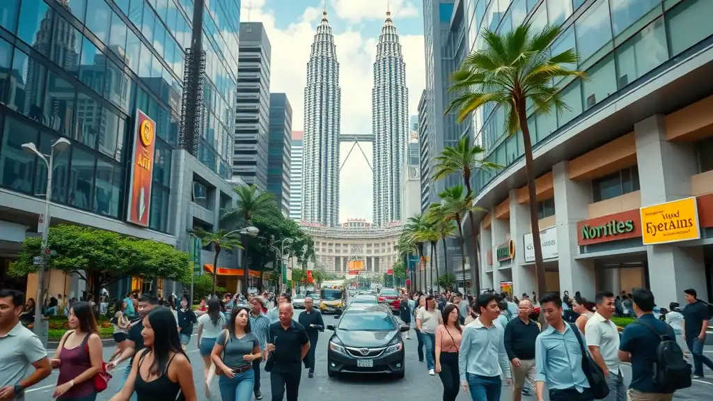 Vibrant street-level view of Kuala Lumpur city center featuring crowds, Petronas Twin Towers, and lush urban parks, photorealistic style with dynamic movement and city lights