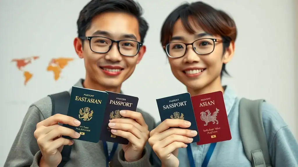 Side-by-side visuals of travelers comparing Southeast Asia and East Asia passports for visa requirement differences