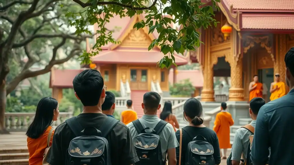 Serene ancient Chiang Mai temple, peaceful visitors observing ornate temple structures, northern Thai architecture, Thailand must-see attractions