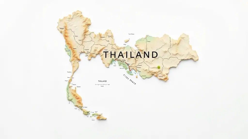 Scenic panoramic map of Thailand — artistic clean white background highlighted regions coastal outlines crisp lines earth tones tilt-shift lens