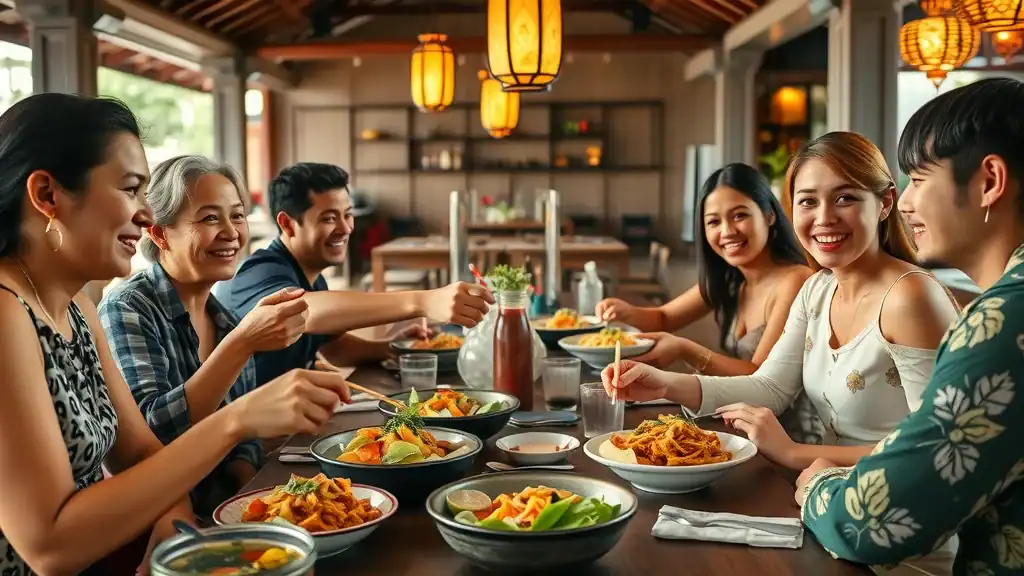 Lively group of friends sharing a traditional Thai meal and practicing proper dining etiquette in Thailand