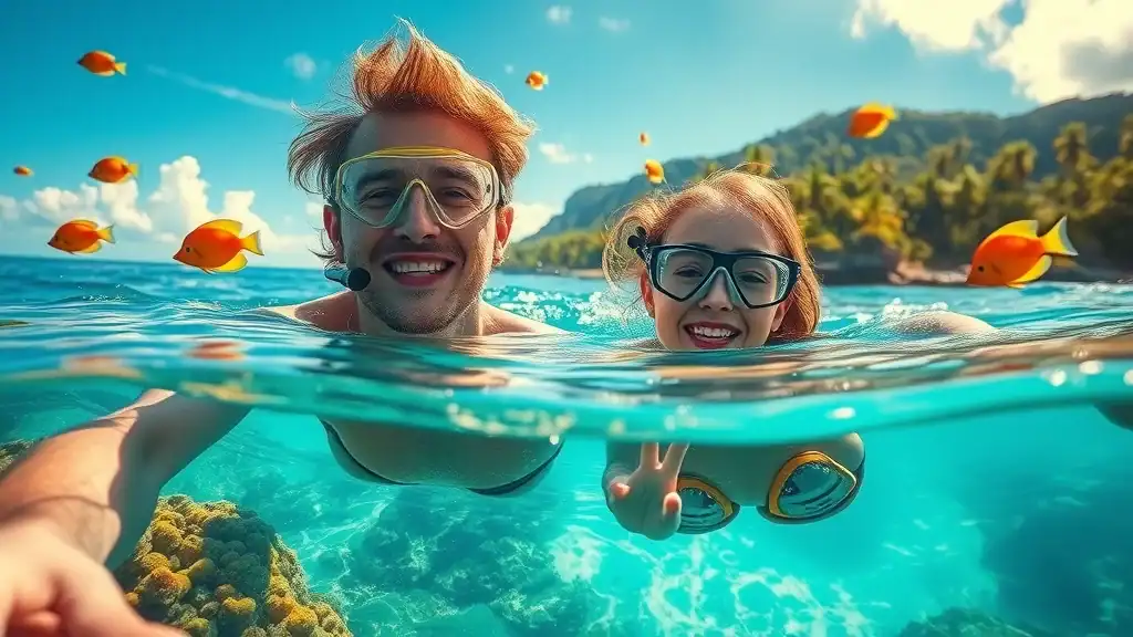 Lush island scenery for Malaysia island hopping, featuring snorkeling couple enjoying vibrant coral reefs and tropical fish near a pristine jungle coastline and sandy beach.