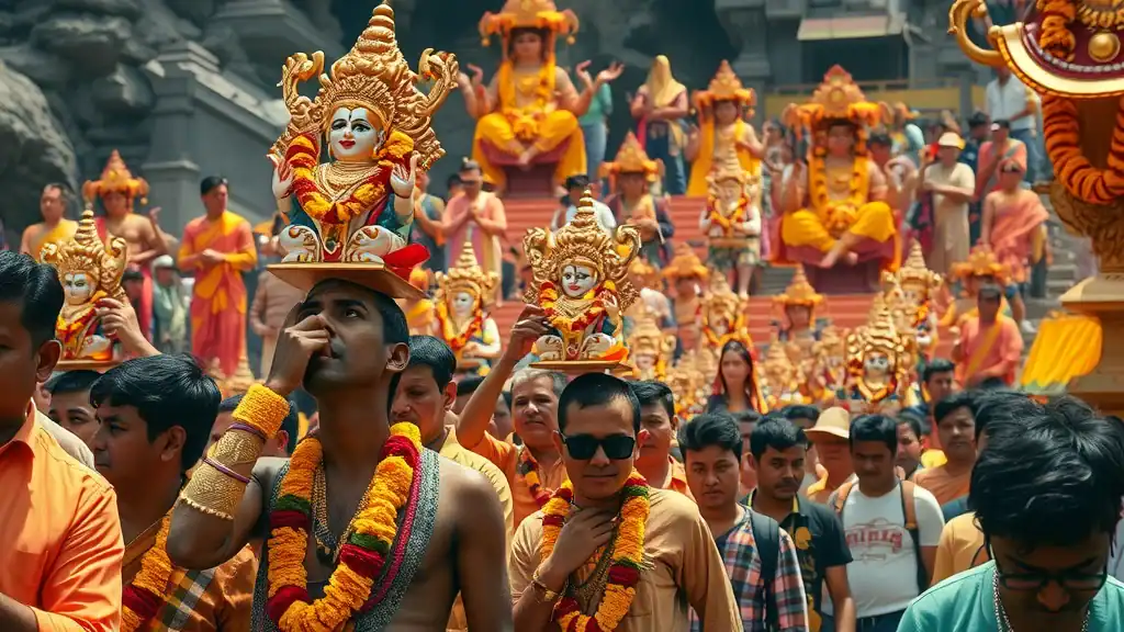 Malaysian cultural experiences - Devoted worshippers at Thaipusam Batu Caves procession with vibrant kavadis