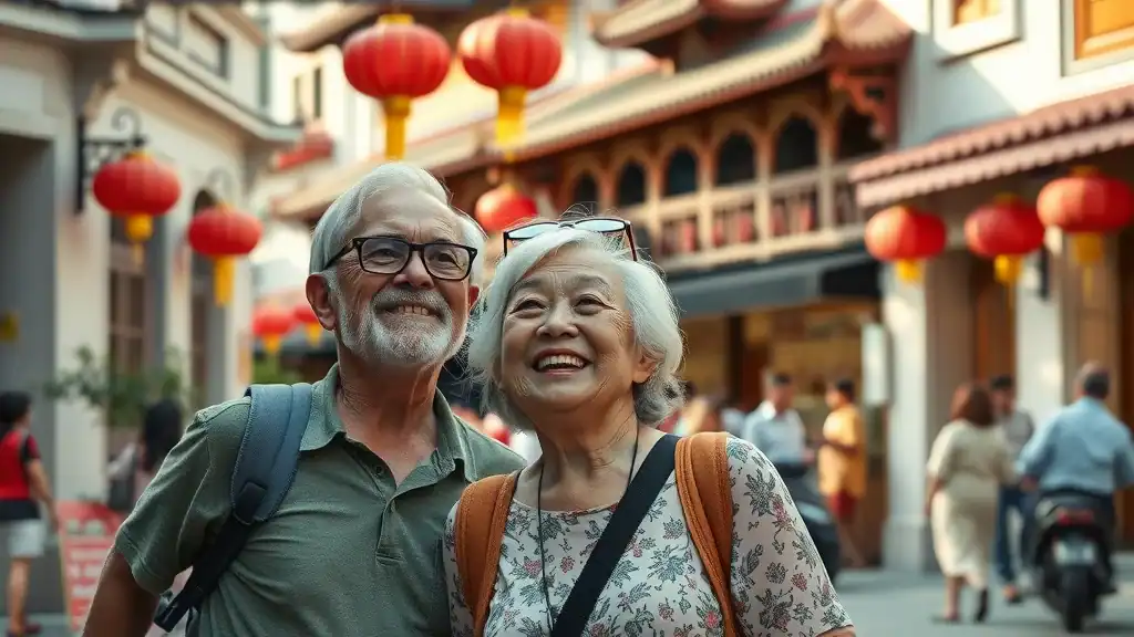 Senior travelers admiring shophouses and heritage in Chinatown, Singapore – a key destination in singapore travel tips for culture lovers