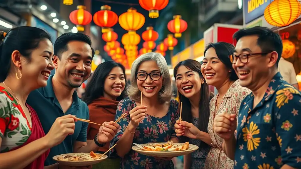 Collage of Malaysian cultural diversity, group of friends from different backgrounds at night market, colorful lanterns, street food, photorealistic and lively