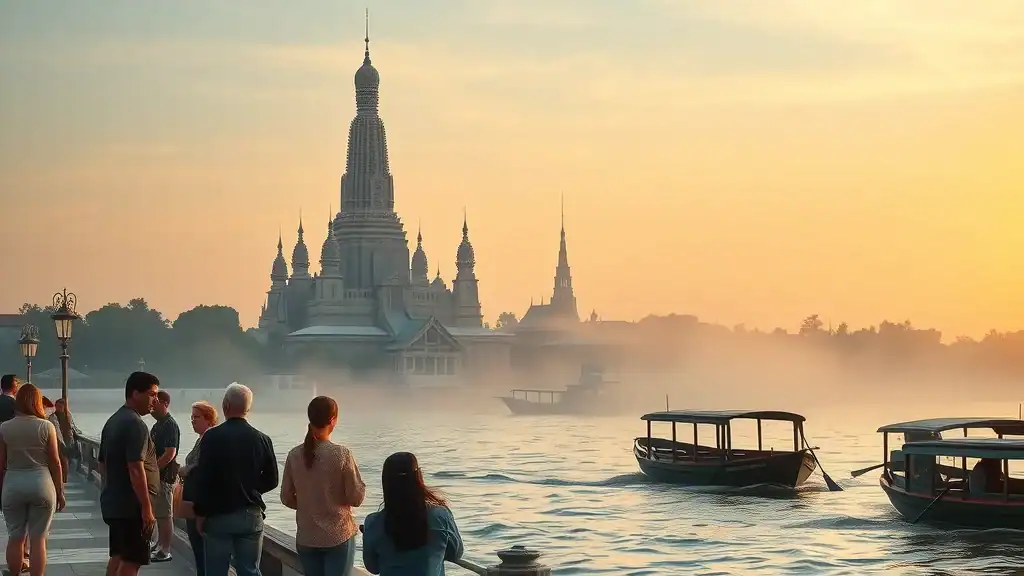 Majestic view of Wat Arun temple in Bangkok at sunrise — peaceful local visitors intricate temple golden pastel Chao Phraya River morning sunlight