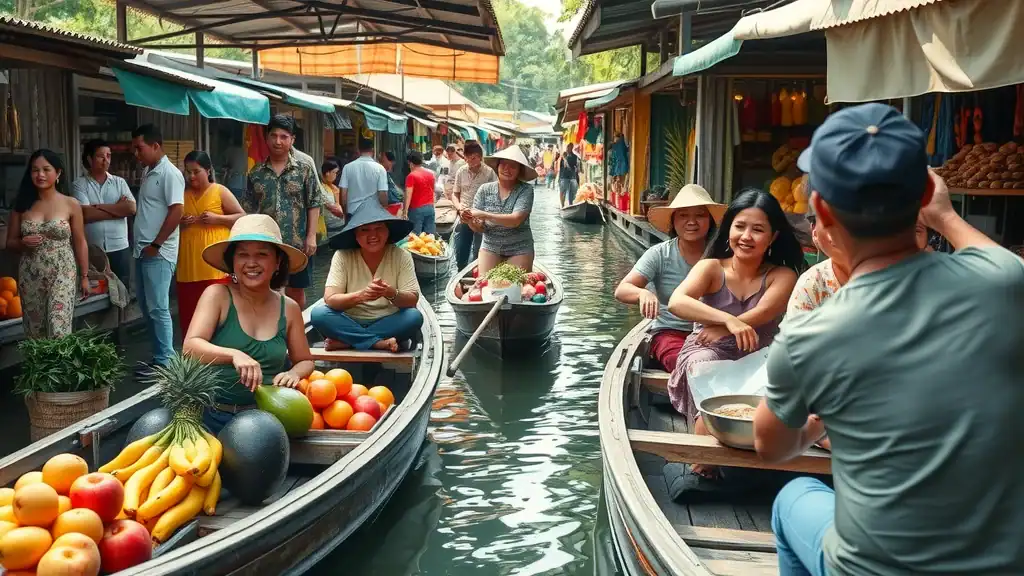 Lively floating market in Thailand, cheerful shoppers in wooden boats trading colorful fruits and local dishes, Thailand must-see attractions