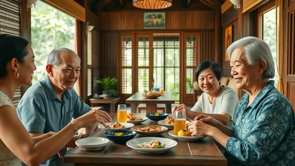 Cozy Southeast Asian homestay with older travelers sharing a meal with a local family, a hallmark of budget-friendly Southeast Asia cultural tours