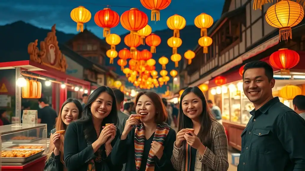 Cultural Chiang Mai street with food stalls lanterns friends sampling snacks ancient city backdrop floating lanterns fine detail festive lighting