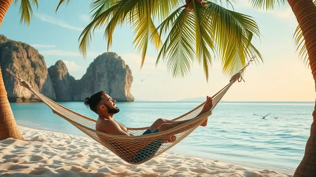 Undiscovered cove for Malaysia island hopping, solo traveler relaxing in a hammock beneath palms by a secluded shore, dramatic limestone rocks, tranquil blue water, pastel sunset light.