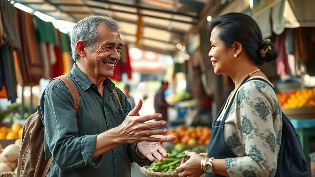 Authentic cultural exchange scene with smiling mature traveler and local vendor using friendly gestures in a vibrant outdoor Southeast Asian market, fresh produce and traditional fabrics, natural skin tones, warm colors.