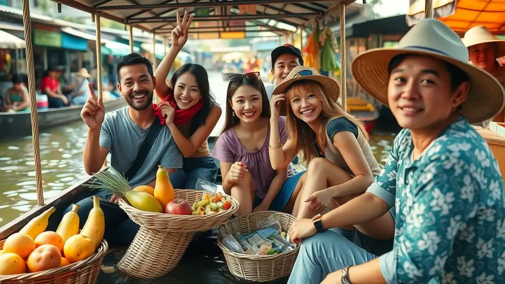 Diverse travelers on a boat at a lively Thai floating market, filled with fruit baskets and street food—highlighting expert travel tips for first-time visitors to Thailand.