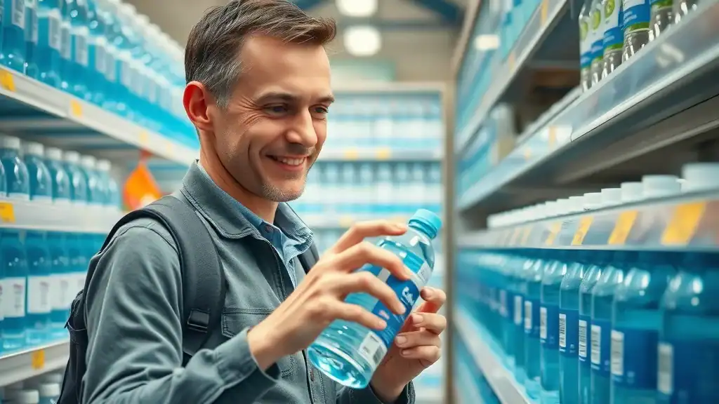 Healthy traveler reading bottled water label closely in southeast asia, water safety