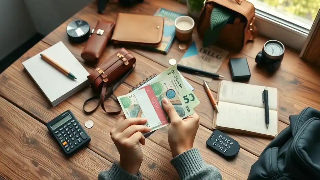 Organized flat lay of travel essentials for a budget-conscious mature backpacker, hands folding local currency, calculators, rustic wooden table with Southeast Asian decor, crisp texture and warm earth tones.