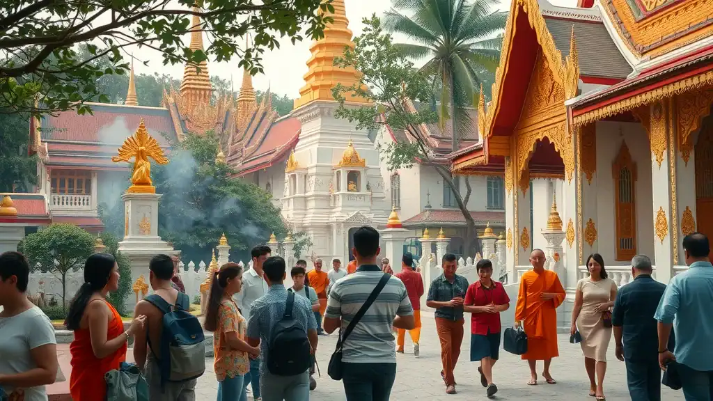 Vibrant Bangkok temple courtyard scene with locals and travelers amid golden spires and ornate carvings, exploring bangkok temples