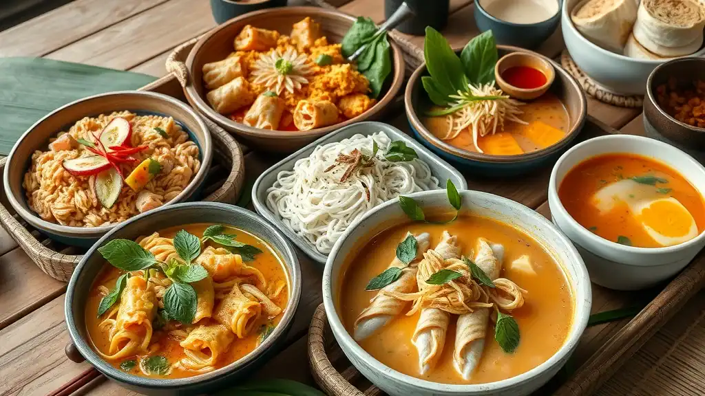 southeast asia local cuisine - Traditional Southeast Asian dishes such as Pad Thai, Tom Yum, Khao Soi, Fish Amok, rice noodles, and rice paper rolls, arranged harmoniously on rustic wooden table with banana leaves