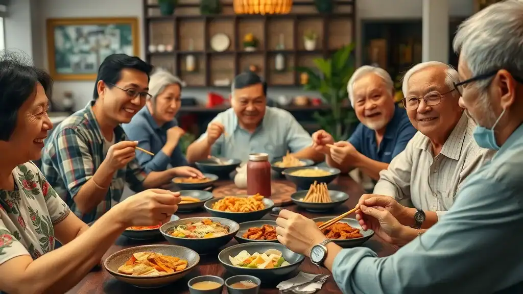 Congenial Southeast Asian meal with locals and older travelers, chopstick and hand-eating etiquette, dining southeast asia cultural etiquette