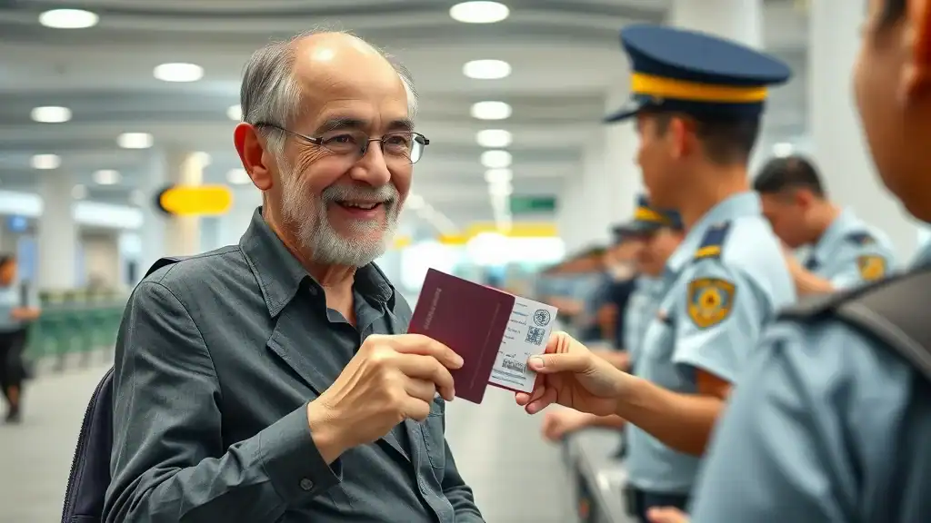 Relaxed senior traveler receiving visa stamp at Southeast Asian immigration checkpoint — vietnam visa requirements