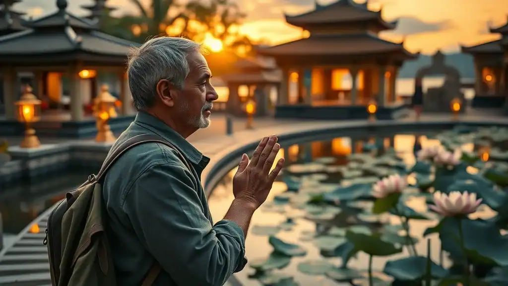 Peaceful Balinese temple at sunset, mature traveler participating in local ritual, symbolizing authentic cultural exploration in Bali.