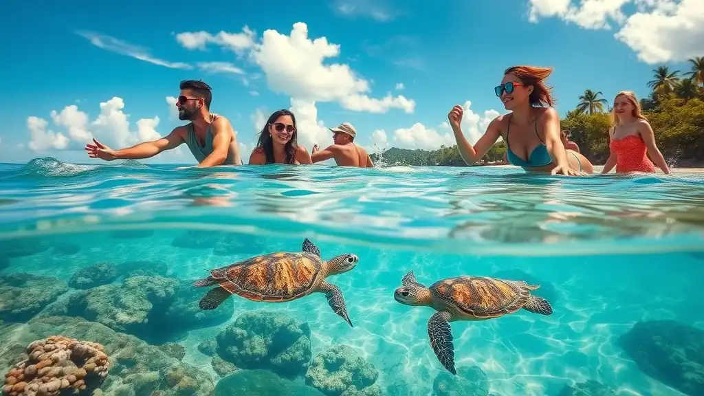 Idyllic Perhentian Islands shoreline, travelers snorkeling near coral reefs, crystal-clear waters, sea turtles, photorealistic turquoise and coral hues