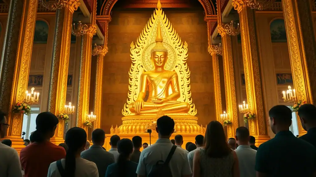 Radiant Golden Buddha at Wat Traimit with group admiring statue in luxurious temple hall — golden buddha wat traimit bangkok temples