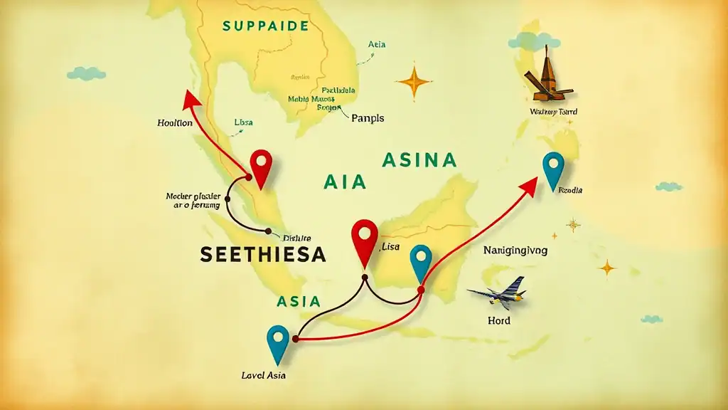 Colorful illustrated map of Southeast Asia highlighting popular backpacking routes with dynamic arrows and landmark icons.
