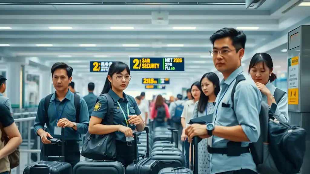 Travelers of mixed ages preparing bags at security checkpoint in Asian international airport for travel safety in southeast asia