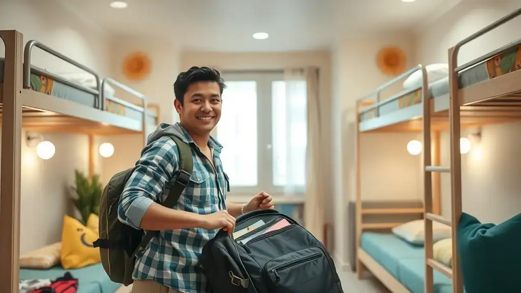 Happy traveler in cozy hostel dorm room, unpacking for a malaysia budget travel adventure.
