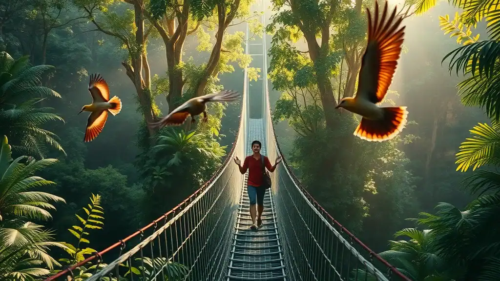 Travelers crossing exhilarating canopy walk in Taman Negara, a highlight of Malaysia tour and adventure travel