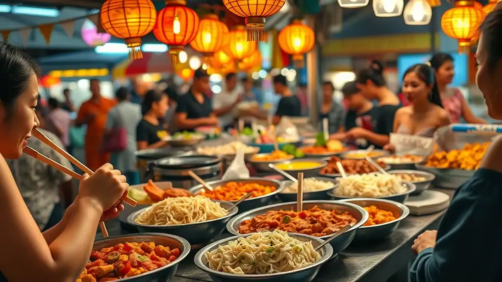 Colorful Thai street food assortment at a busy night market, highlighting street food essentials from the thailand local cuisine guide