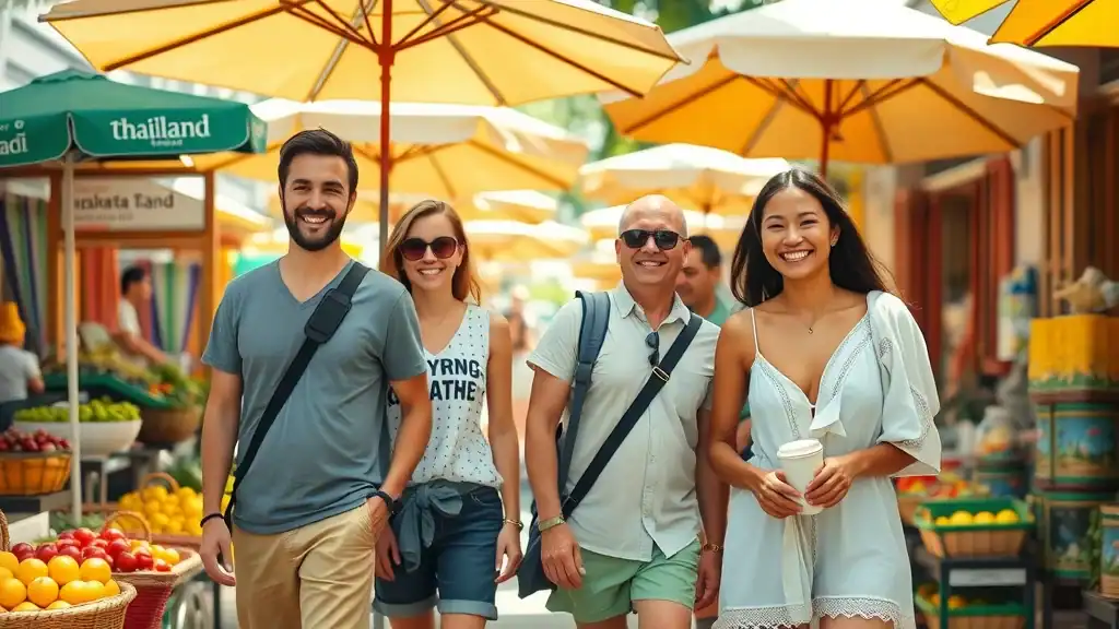 Travelers in cool, lightweight clothing at a sunny Thai market practicing packing tips for Thailand