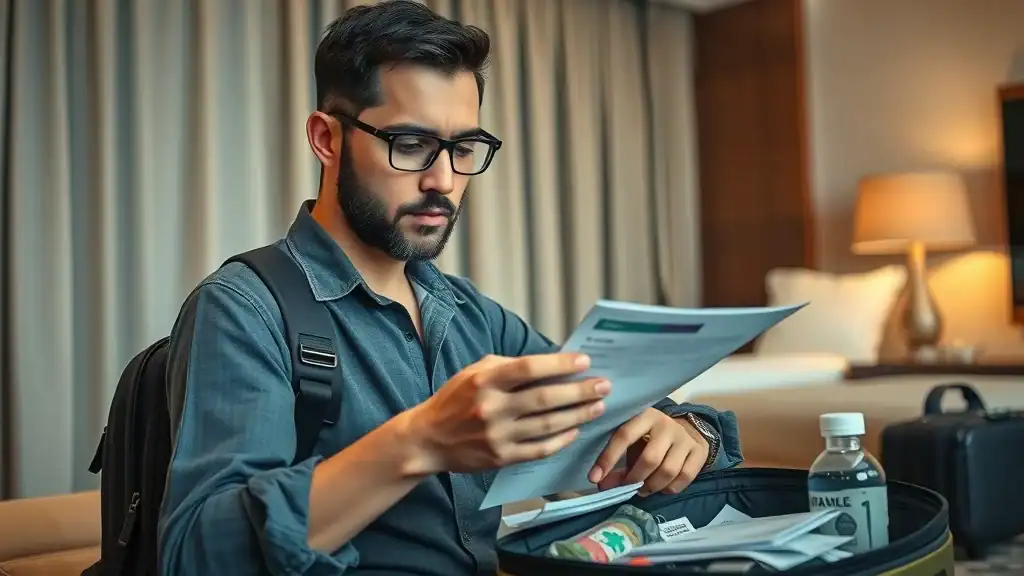 Traveler with emergency kit reviewing checklist in Southeast Asian hotel, prepared for natural disasters and travel insurance needs