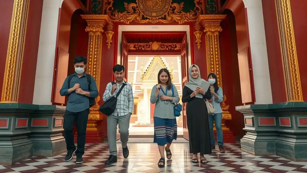 Tourists wearing modest clothing, removing shoes at a Thai temple entrance, demonstrating cultural respect—an essential tip for Thailand travel etiquette.