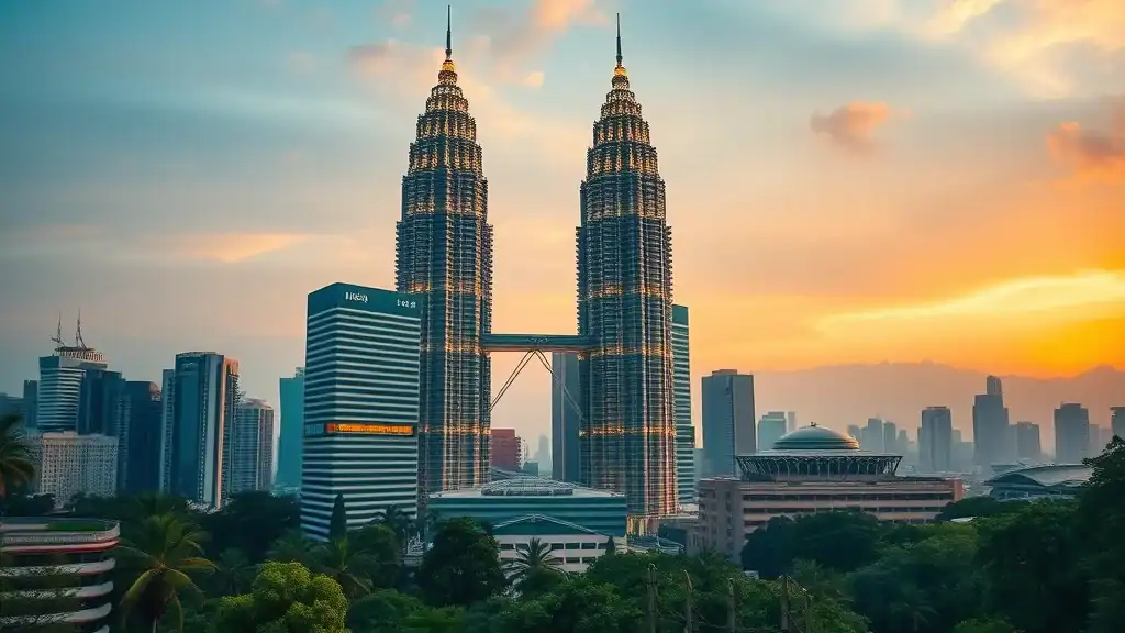 Iconic Petronas Twin Towers at golden hour with dramatic skyline, lush greenery at the base, photorealistic silver, gold, and soft blue tones