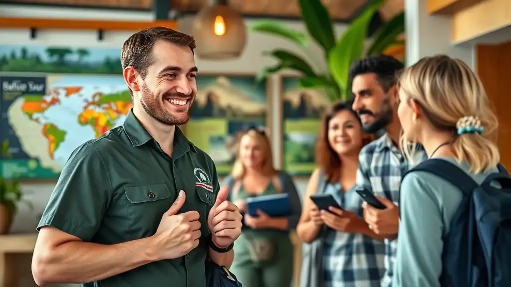 Professional adventure tour guide greeting travelers at eco-resort on Malaysia adventure travel tour