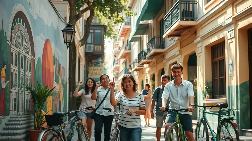 Atmospheric George Town street with iconic street art, people posing by colorful murals and colonial shophouses, vibrant urban heritage and cultural props.
