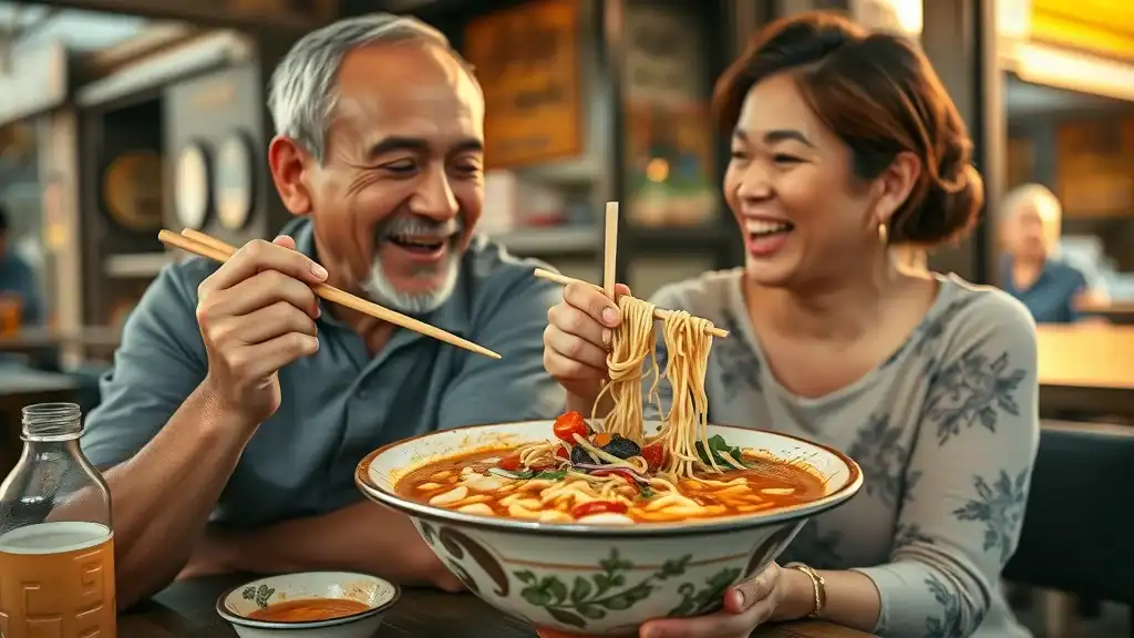southeast asia local cuisine - Rustic bowl of Khao Soi curry noodles, mature couple sampling and laughing in a northern Thai eatery, with golden curry and crispy noodle garnish