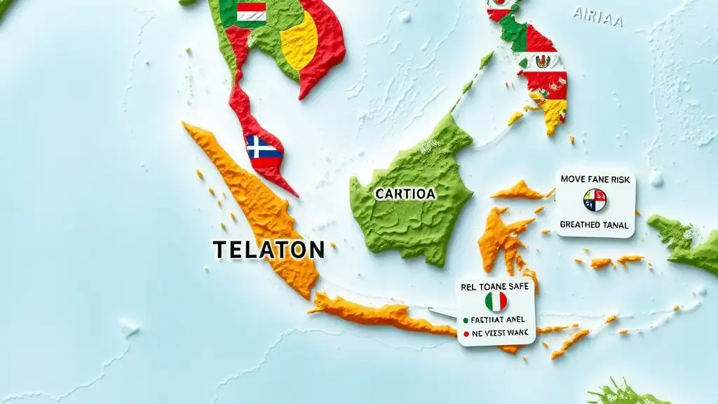 Colorful map visualizing safety risk levels by country in southeast asia, green safe, red caution