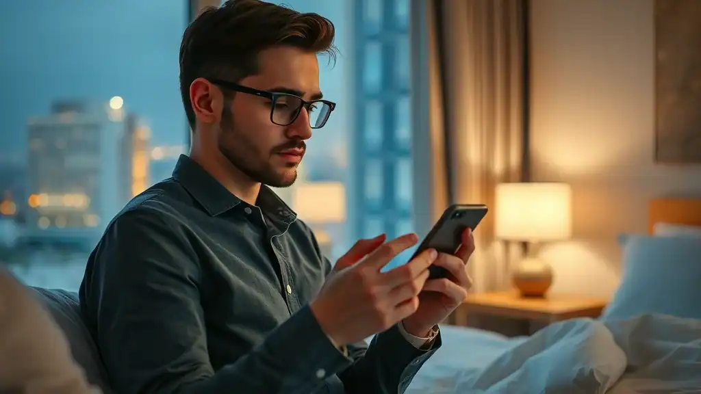 Calm traveler practicing safety by checking emergency contacts on a smartphone in a modern Thai hotel room. Thailand travel tips for health and safety.