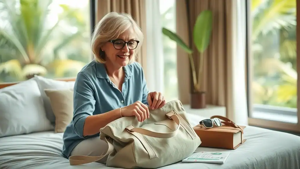 Mature traveler packing essentials into lightweight tote bag - asia travel comfort travel essential photorealistic