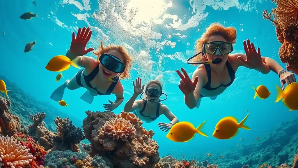 Vibrant underwater Koh Tao reef, joyful divers exploring coral and exotic fish, Thailand must-see attractions, southern Thailand
