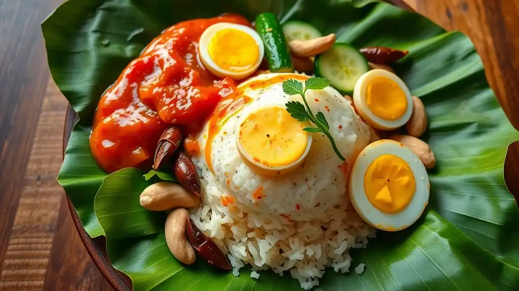 Nasi Lemak close-up with coconut rice, sambal, eggs, anchovies, Malaysia food and cuisine on banana leaf