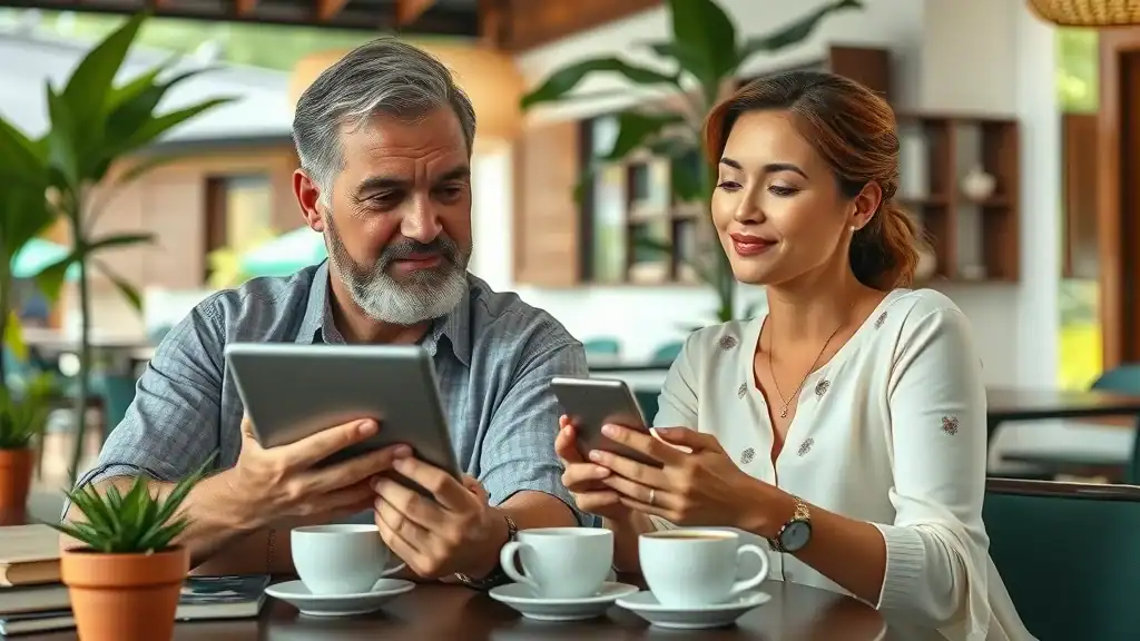 Mature couple consulting travel blog in Balinese café — authentic Indonesia adventure travel