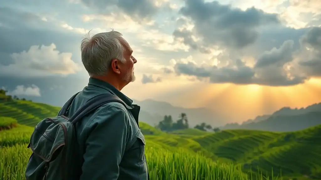 Lush rice terraces under changing weather in Southeast Asia - mature traveler admiring panoramic green fields and misty mountains during golden hour