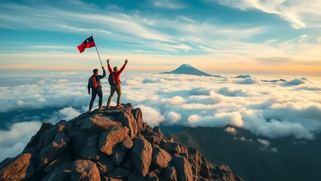 Majestic Mount Kinabalu summit with hikers under sunrise, rugged terrain, clouds, waving flags, photorealistic texture and exhilarating atmosphere