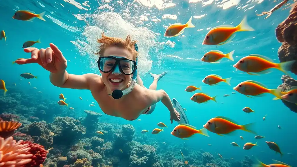 Vivid underwater scene with snorkeler among coral and fish in Andaman Sea, highlights ideal weather for diving and marine activities in Thailand