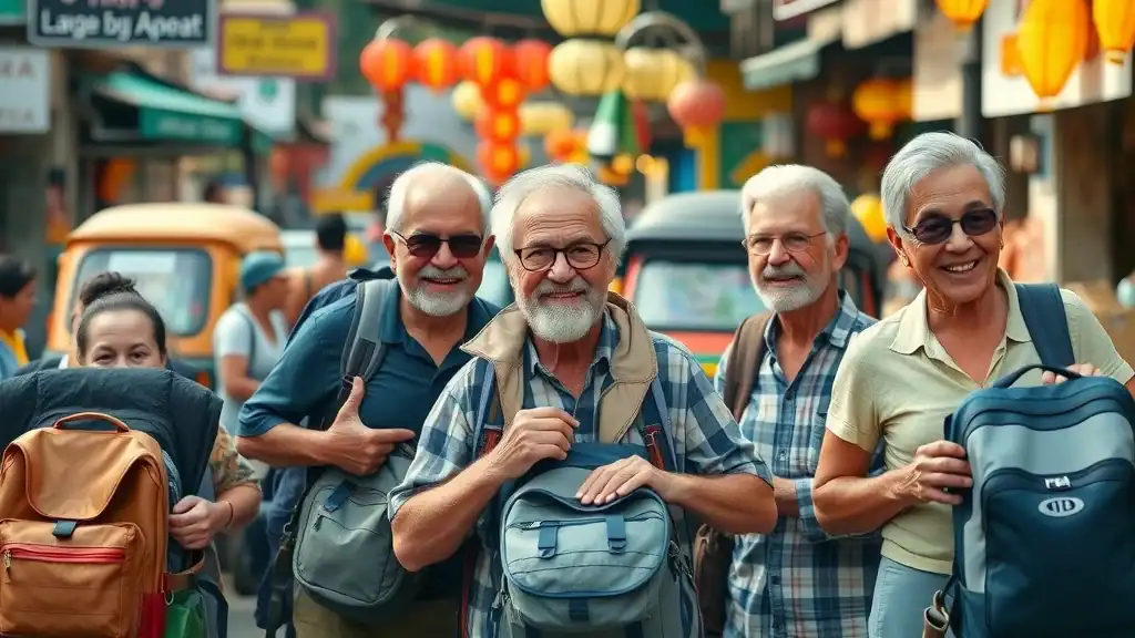 Vibrant group of mature international backpackers in their 50s smiling and preparing their gear, excited expressions, arranging backpacks and travel accessories, bustling Southeast Asian street with tuk-tuks and lanterns, high realism and warm tropical palette.