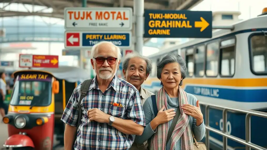 Older couple beside tuk-tuk, bus, and ferry dock among dynamic transit modes; southeast asia transportation options visual diversity