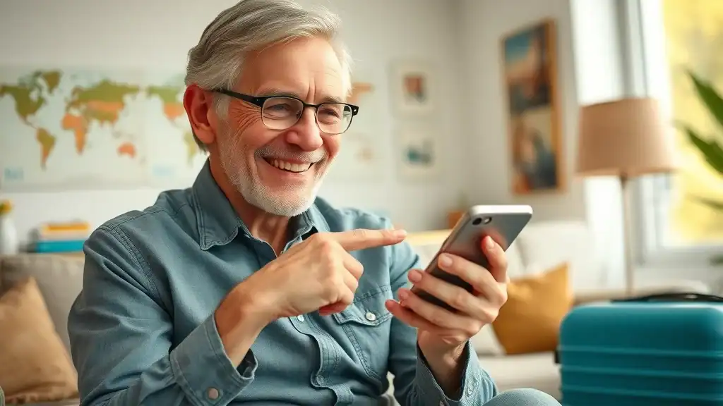 Older traveler redeeming flight rewards on a loyalty app for a cheap flight to Southeast Asia, with travel memorabilia and suitcase nearby.