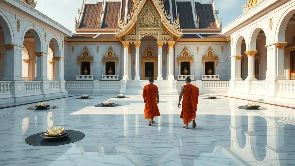 Wat Benchamabophit Marble Temple with monks walking across polished courtyard — marble temple bangkok temples